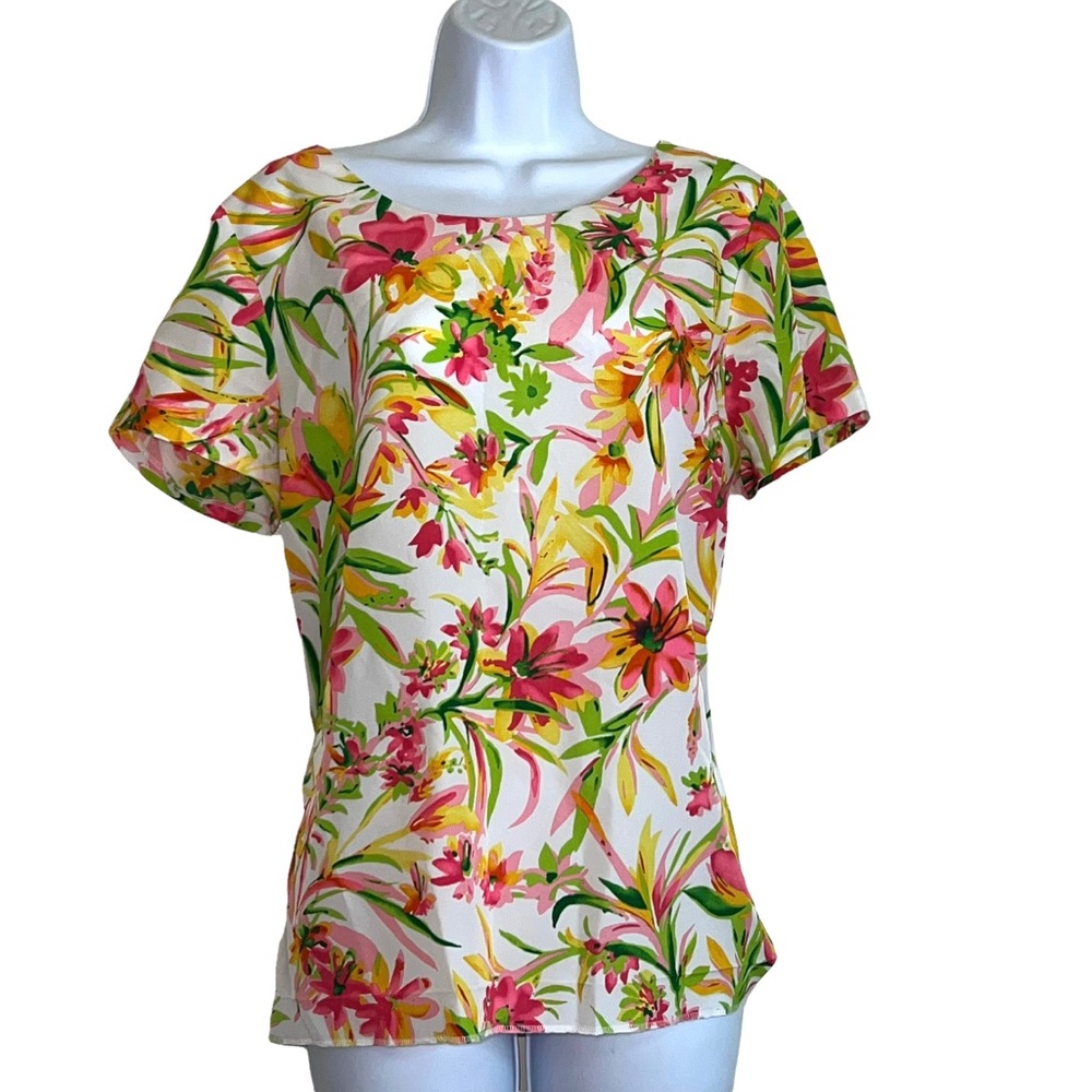 J.Crew Blouse Short Sleeves Top White Multi Floral Keyhole